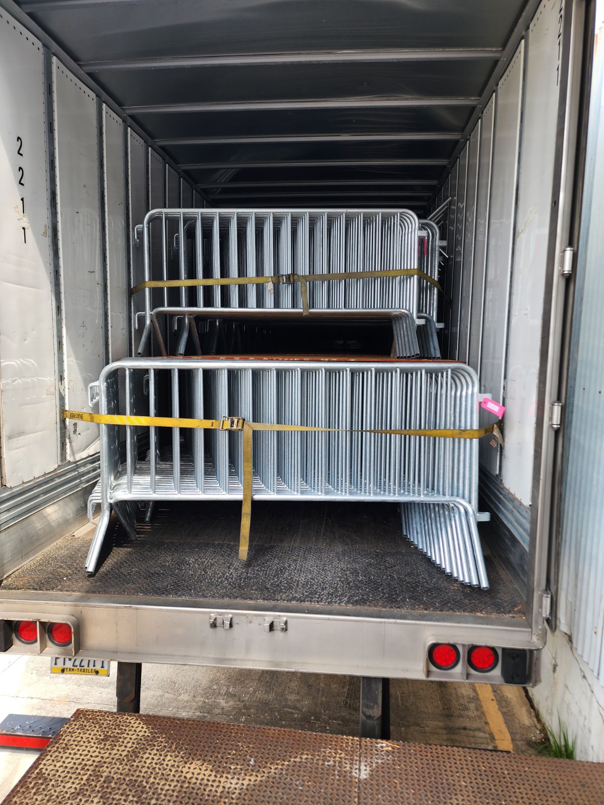Fully assembled Friedrichs crowd control barricades loaded in a truck and ready for delivery