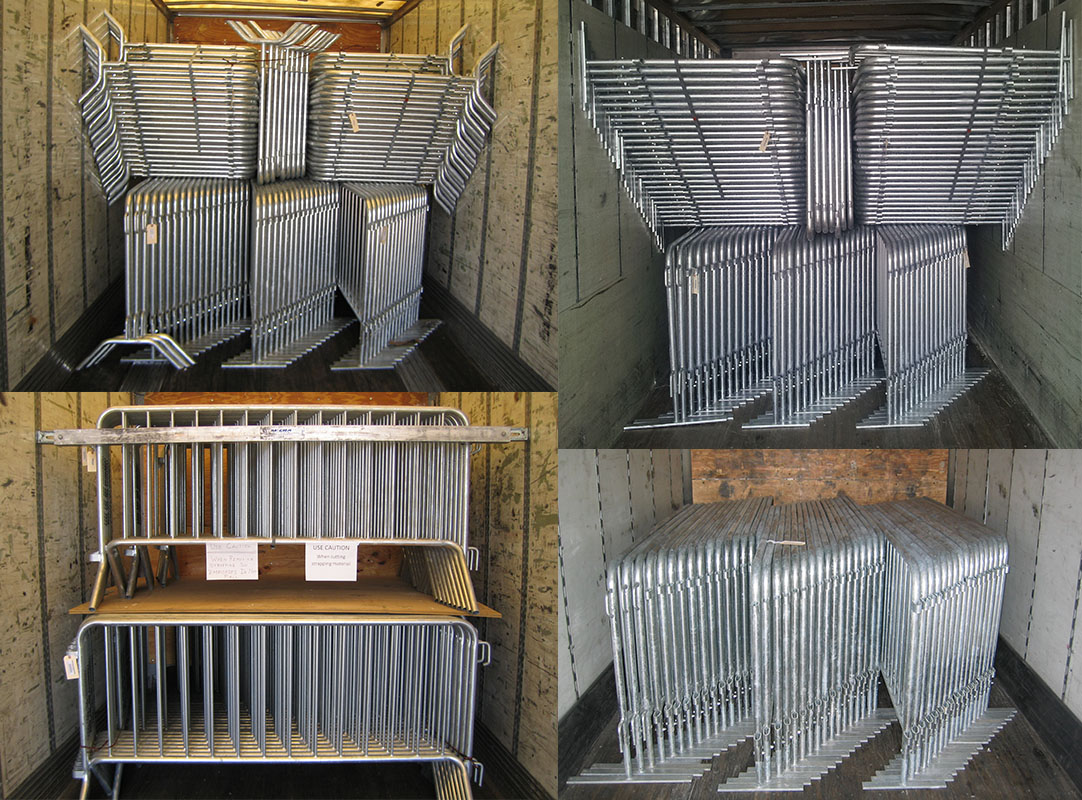 Large quantities of assembled Friedrichs crowd control barricades loaded for transportation